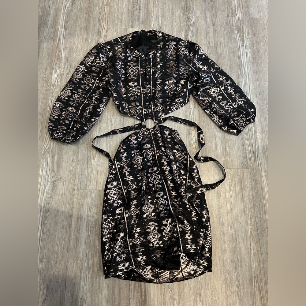 Elegant Black Patterned Dress Metallic Size Large